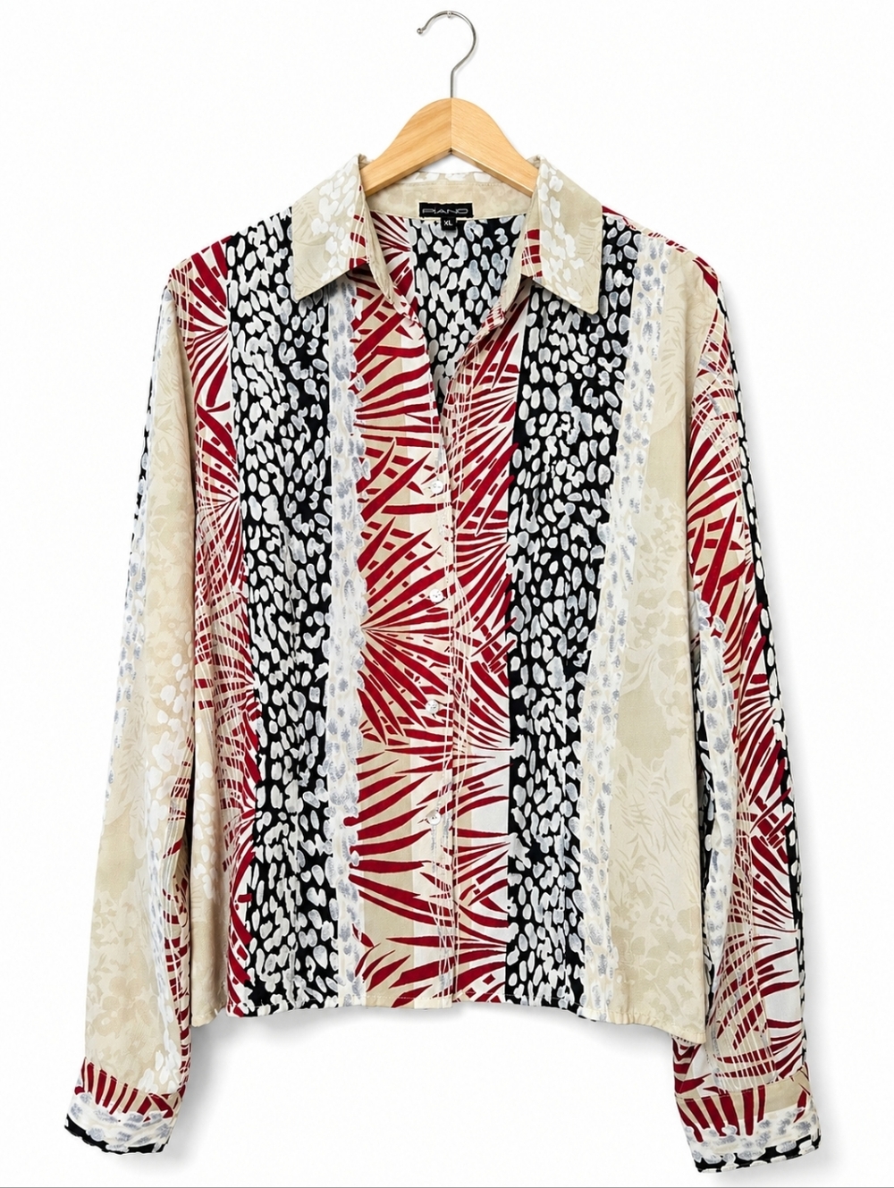 PIANO Bold Graphic Red Blue Tan Mixed Media Print Button Front Statement Blouse